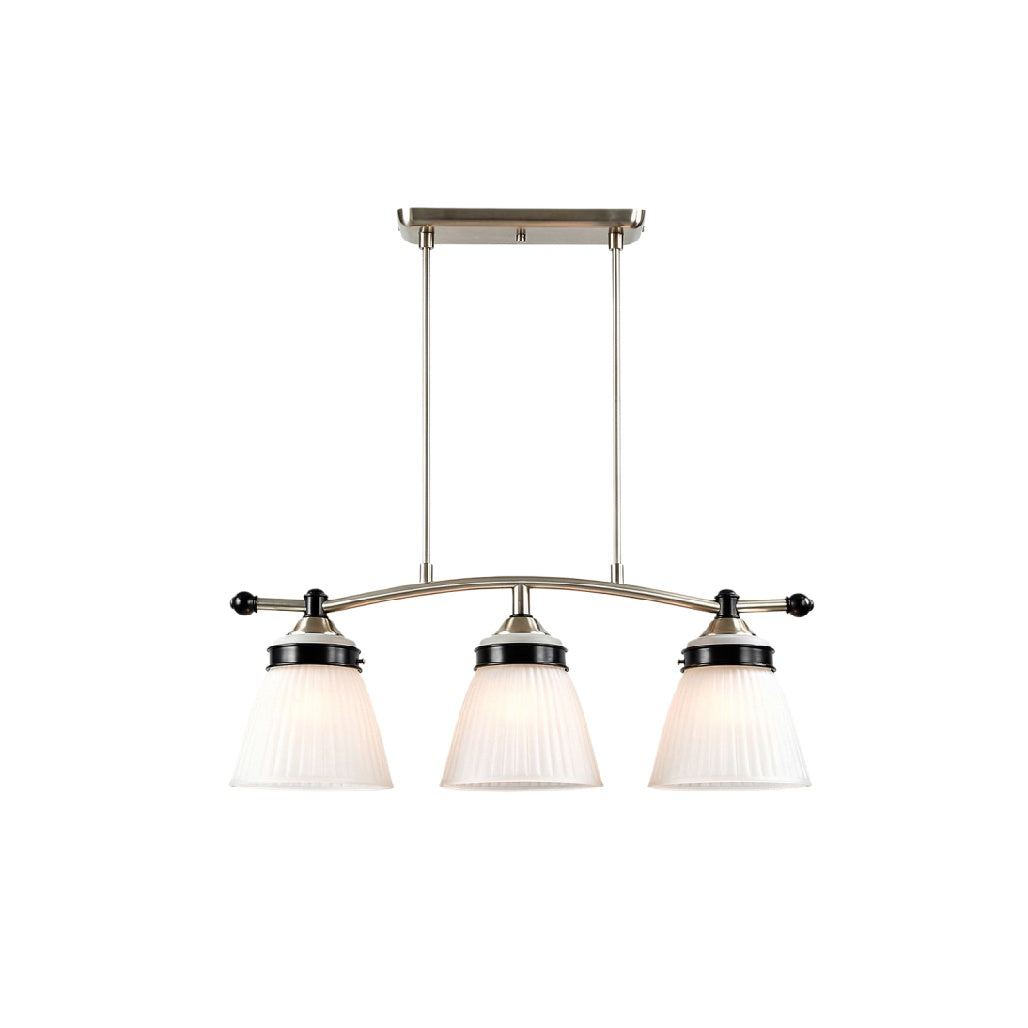 Pendellamp met drie witte glazen kappen en moderne chroomafwerking